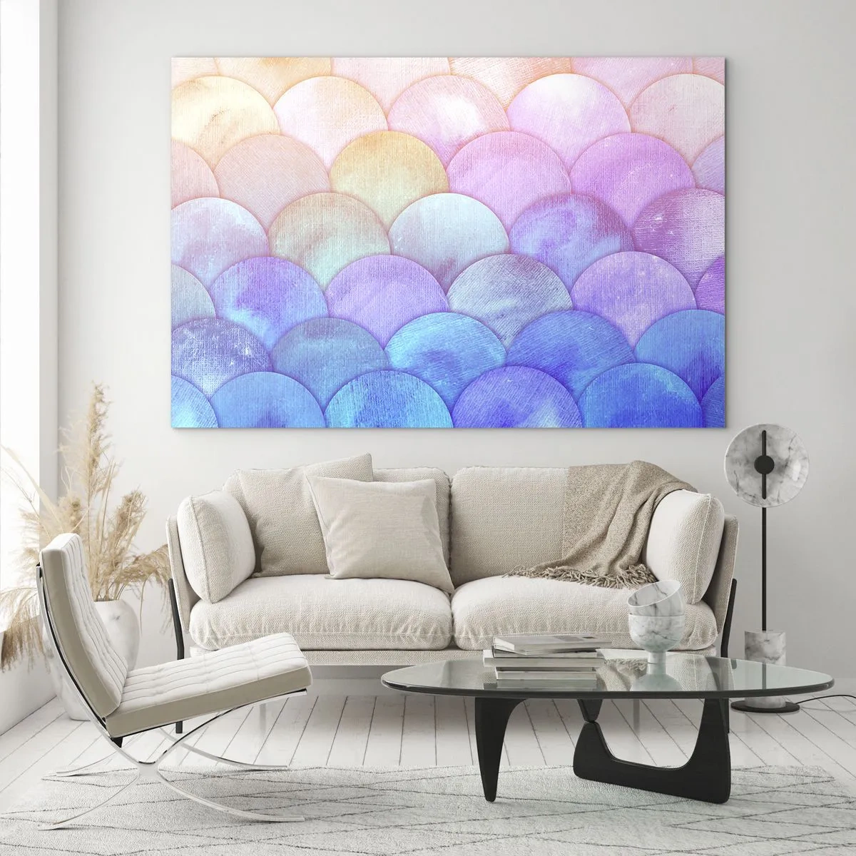 Glasbild - Bild auf glas - Perlenschuppen in Pastelltönen von Rosa, Blau und Lila - 120x80cm - Perlenschuppe - Moderne Wanddekoration für Wohnzimmer und Schlafzimmer ARTTOR