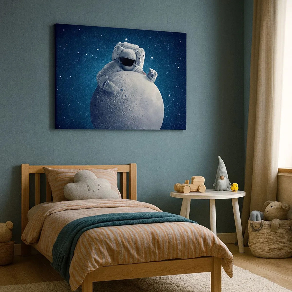 Bild auf Leinwand - Leinwandbild - Astronaut hält den Mond vor einem Sternenhimmel - 70x50cm - Weltraumjoker - Moderne Wanddekoration für Wohnzimmer und Schlafzimmer ARTTOR