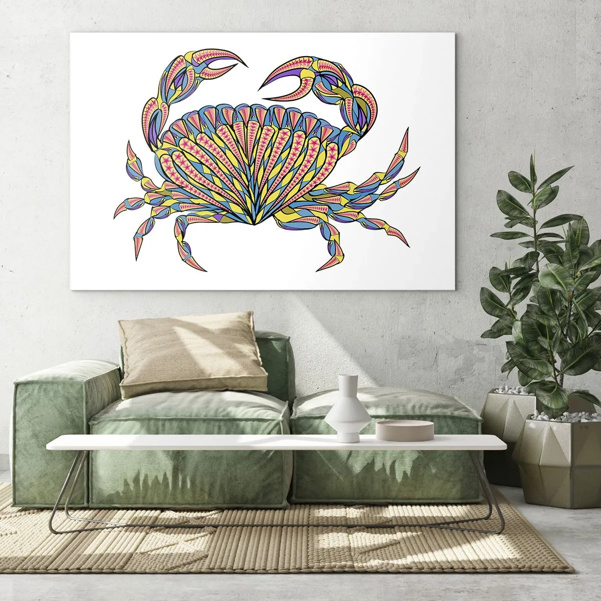 Glasbild - Bild auf glas - Illustration einer bunten Krabbe im geometrischen Stil - 70x50cm - Meeresschmuck - Moderne Wanddekoration für Wohnzimmer und Schlafzimmer ARTTOR