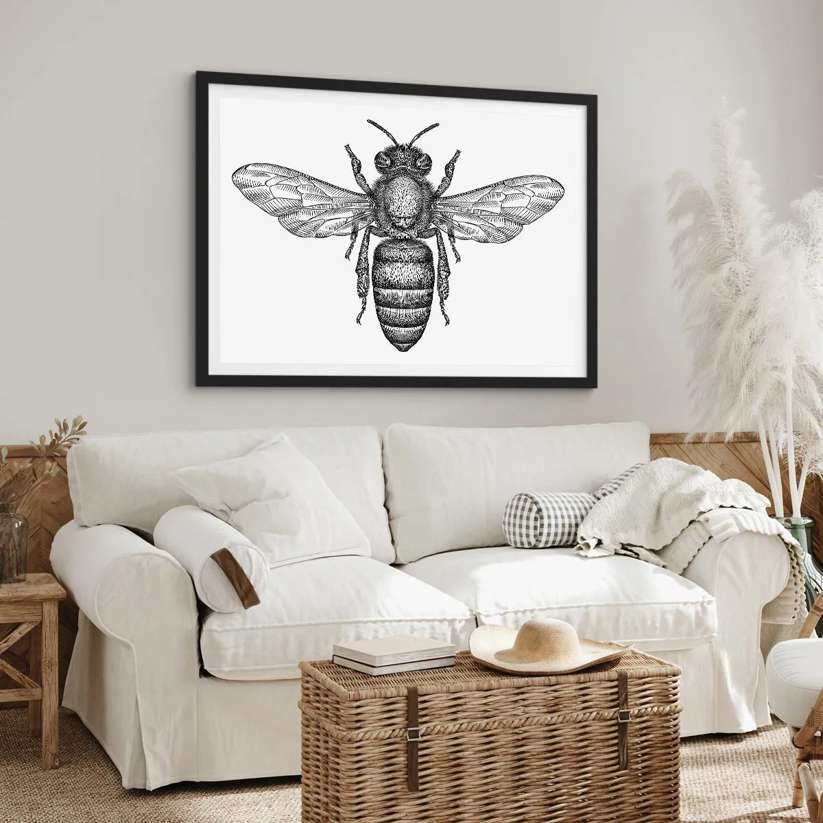 Poster in einem schwarzem Rahmen - Ein Cartoon-Bienenmotiv auf weißem Hintergrund im minimalistischen Stil. - 70x50cm - Insektenporträt - Moderne Wanddekoration für Wohnzimmer und Schlafzimmer ARTTOR
