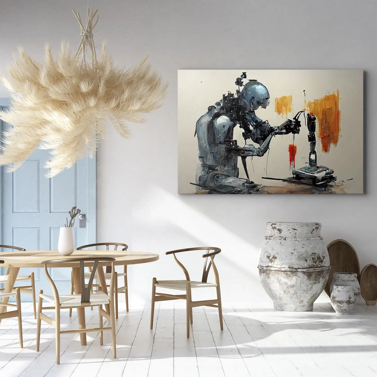 Bild auf Leinwand - Leinwandbild - Roboter bei der Arbeit mit abstraktem Hintergrund - 70x50cm - Schon morgen… - Moderne Wanddekoration für Wohnzimmer und Schlafzimmer ARTTOR