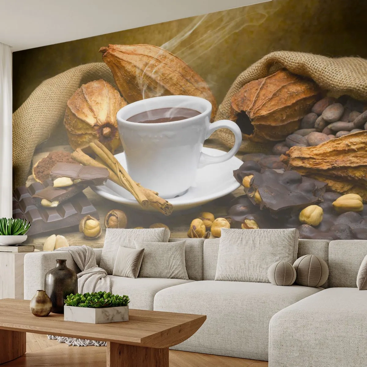 Fototapete Premium Sand - Eine Tasse heiße Schokolade, umgeben von Kakao und Nüssen - 100x70cm - Für Nervenkitzel-Suchende - Moderne Wanddekoration für Wohnzimmer und Schlafzimmer ARTTOR