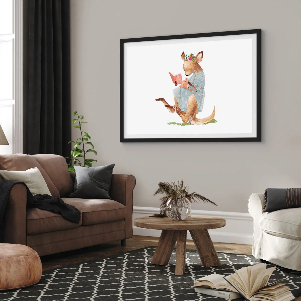 Poster in einem schwarzem Rahmen - Kanga liest mit einem Baby ein Buch - 100x70cm - Lies mir vor Mama - Moderne Wanddekoration für Wohnzimmer und Schlafzimmer ARTTOR